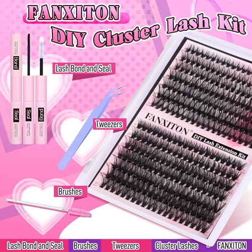 FANXITON DIY Lash Extension Kit - Volume Clusters 40D+50D D Curl Individual Lashes, Thick Eyelash Extension 280 pcs, Thin Band, Bond and Seal, Tweezers